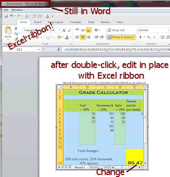 Double-click the object to edit in place with the original program.