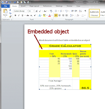 Embedded Excel table