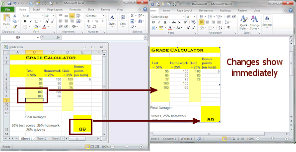 Changes in Excel show immediately in Word.
