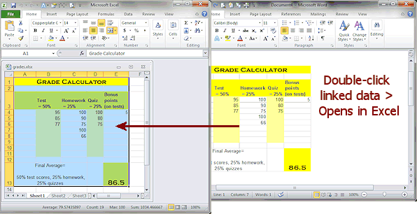 Double click linked data in Word > Opens in Excel