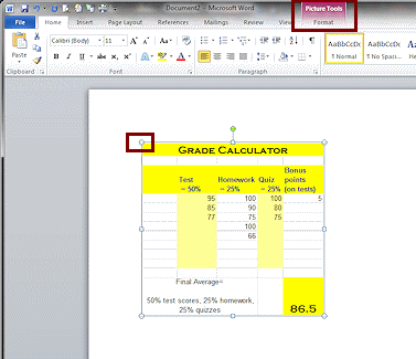 Word document with a picture of the grades.xlsx sheet