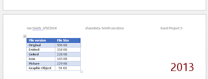 Share Data document with table of file sizes for the various versions (2013)