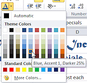 Button: Font Color > Blue, Accent 1, Darker 25% (Excel 2010)