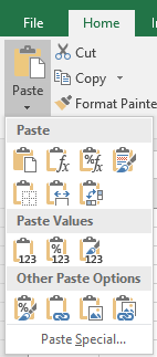 Button: Paste - list dropped (Excel 2016)