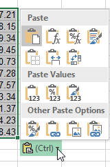 Button: Paste Options (Excel 2016)