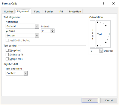 Dialog: Format Cells > Alignment tab (Excel 2016)