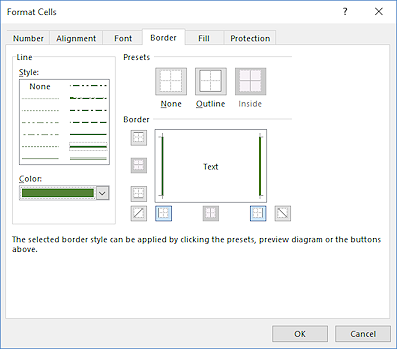 Dialog: Format Cells > Border tab (Excel 2016)
