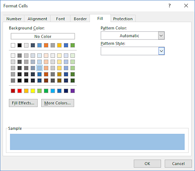 Dialog: Format Cells > Fill tab (Excel 2016)