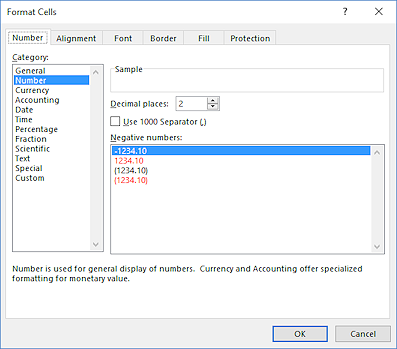 Dialog: Format Cells > Number - Number format selected (Excel 2016)