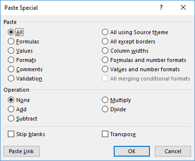 Dialog: Paste Special (Excel 2016)