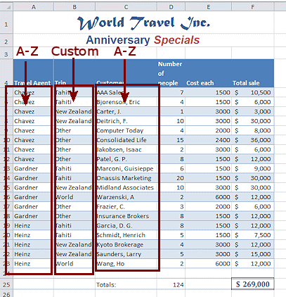 Data sorted on Travel Agetn (A-Z), then Trips (Custom list), then Customer (A-Z)