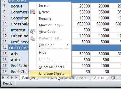 Right click menu with sheets selected