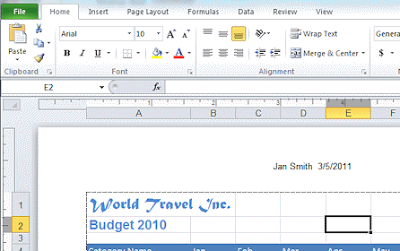 View: Page Layout - Header with updated date (Excel 2010)