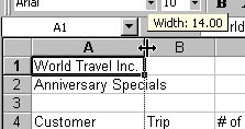 Popup tip shows width of column A