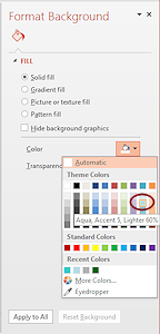 Pane: Format Background > Fill > Aqua, Accent 5, 60% lighter (PowerPoint 2013)