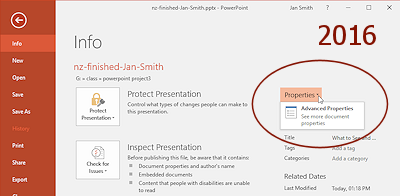 File tab > Info > Properties on the right (PowerPoint 2016)