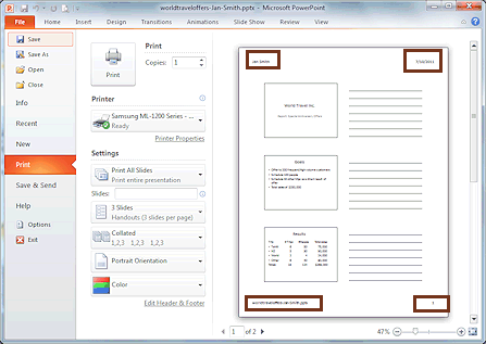 Print Preview: 3 slides per page, header & footer (PowerPoint 2010)