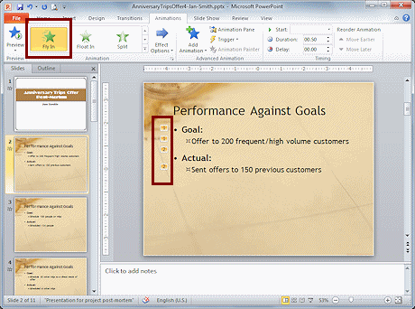 Slide 2 showing numbers for animations applied (PowerPoint 2010)