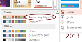 Button: Colors - list open > AnniversaryTrips Title color theme (PowerPoint 2010)