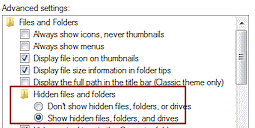 Dialog: Folder Options > View > Advanced > Show hidden 