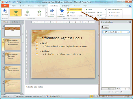 Animation Pane opened. (PowerPoint 2010)