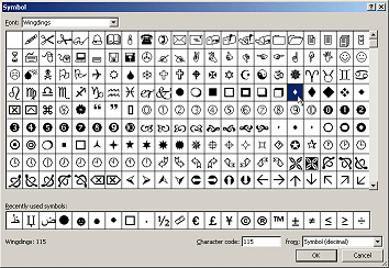 Dialog: Symbot - Wingdings font, small diamond selected