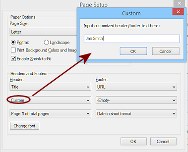 Dialog: Page Setup > Custom header - center (IE11)