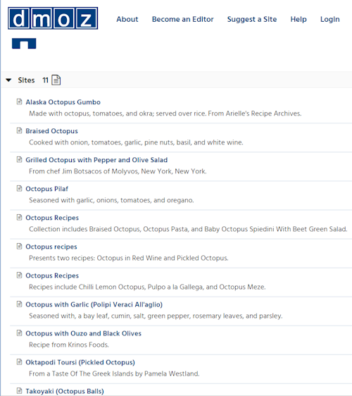 DMOZ: category with octopus recipes
