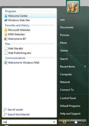 Menu: Start - Search box = we