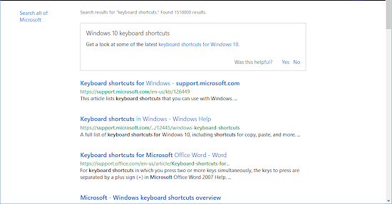 Help - Search 'keyboard shortcuts' - results 