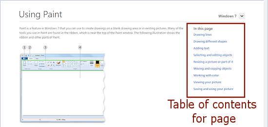 Web page: Using Paint, from WayBackMachine - table of contents