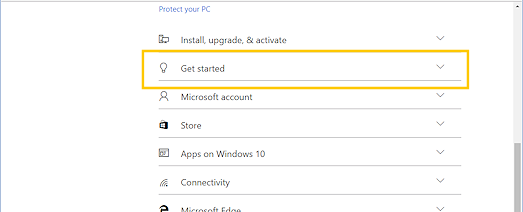 Table of contents for the Get Started category (Win10)
