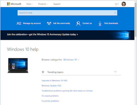 Help on web page: Windows Support for Windows 10