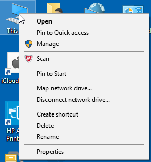 Menu: Right Click on This PC icon (Win10CU)