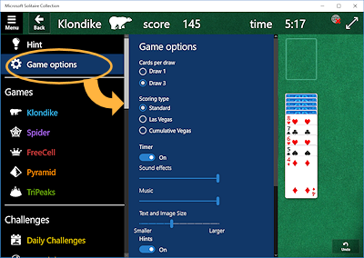 Game Options for Klondike (Win10)
