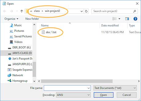 Dialog: Open - doc 1.txt (Win10)