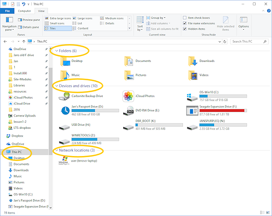 File Explorer in Tile view. Shows special folders, devices and drives, and network locations. (Win10CU)