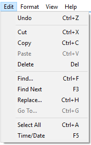 Notepad: Menu: Edit (Win10)