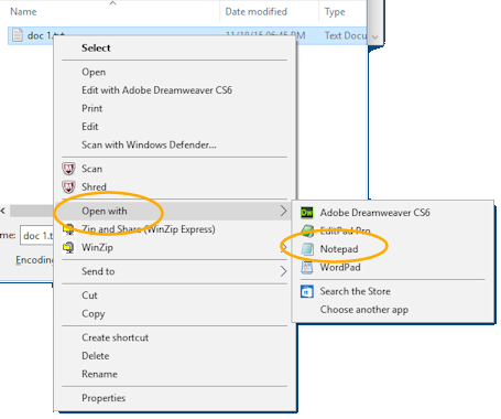 Right Click Menu: on text document in Open dialog (Win10)
