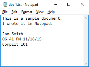 Notepad with doc 1.txt displayed (Win10)