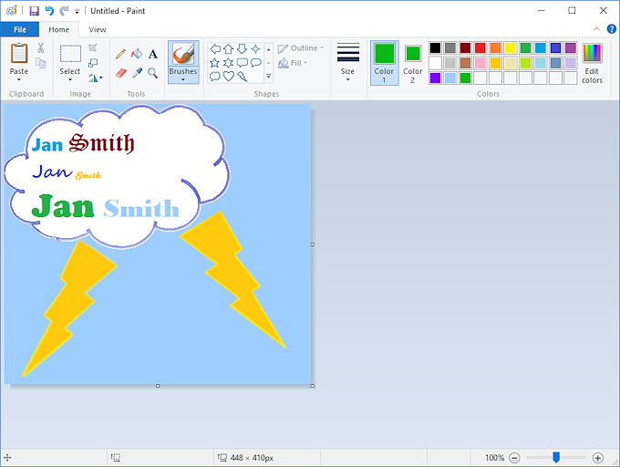 Paint image using name, colors, fonts, shape, custom color (Win10)