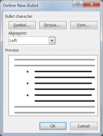 Dialog: Define New Bullet (Word 2010)