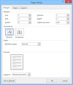 Dialog: Page Setup > Margins (Word 2013)
