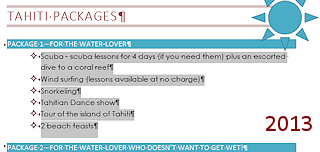 Trip Planner 10 with Package 1 list selected (Word 2013)