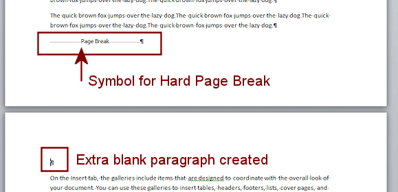 After hard page break inserted -  with new blank paragraph