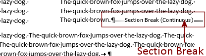 Example: Continuous Section Break (Word 2013)
