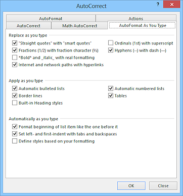 Dialog: AutoCorrect - Autoformat As You Type (Word 2013)