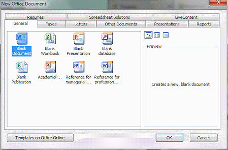 Dialog:  New Office Document (Word 2010)
