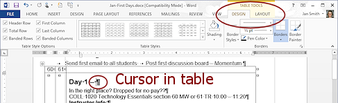 Ribbon: Table Tools (Word 2013)