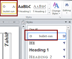 New style bullet-sun shows in the Styles gallery and the Styles pane (Word 2010)